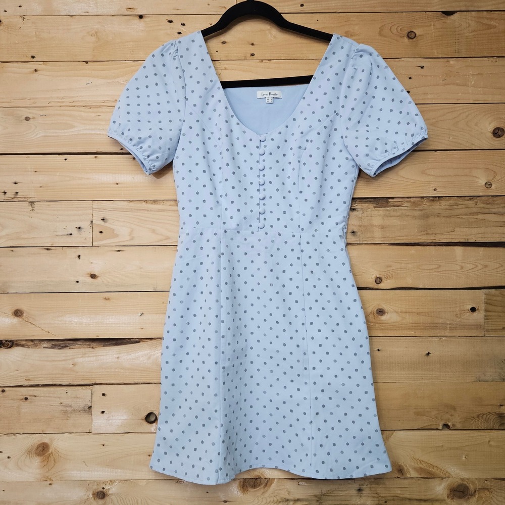 Love Bonito Light Blue Geometric Dot Puff Sleeve Mini Dress US 4